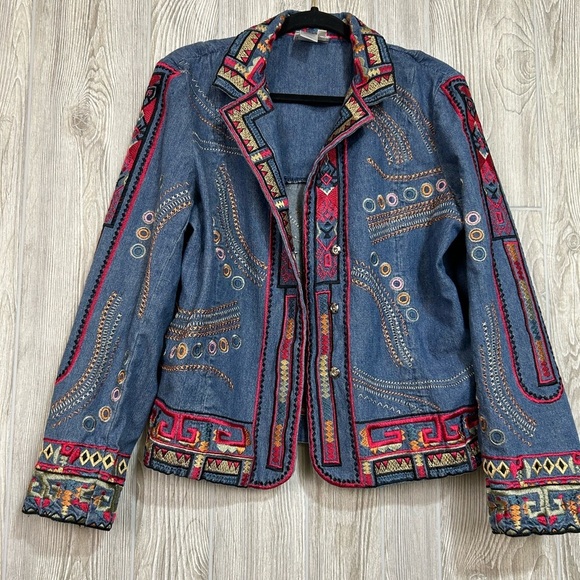 Coldwater Creek Colorful Artsy Boho Embroidered Jean Jacket Size Medium - Picture 11 of 12